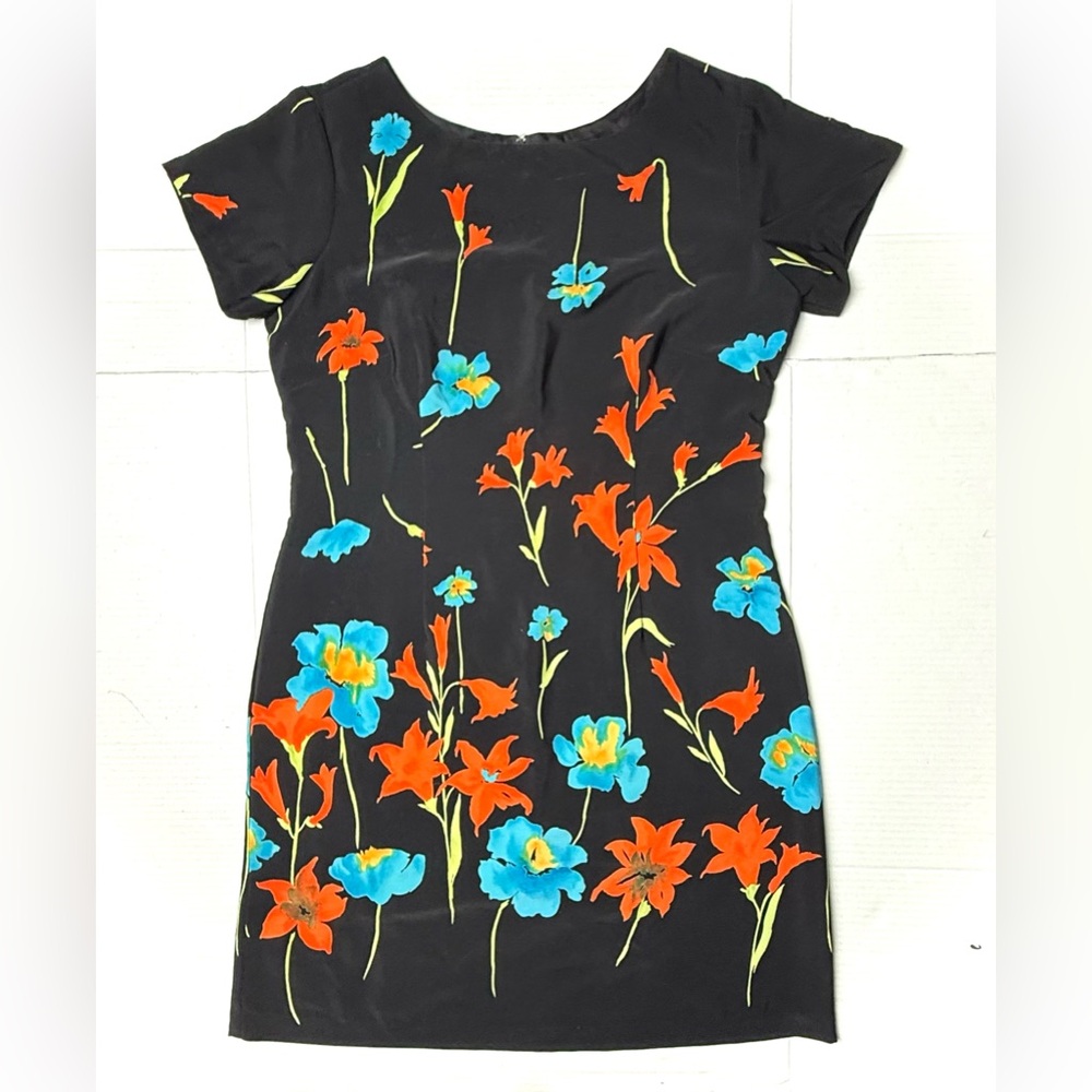 Vintage Rabbit Rabbit Rabbit Dress Womens 10 Petite Floral Black Mini Made USA